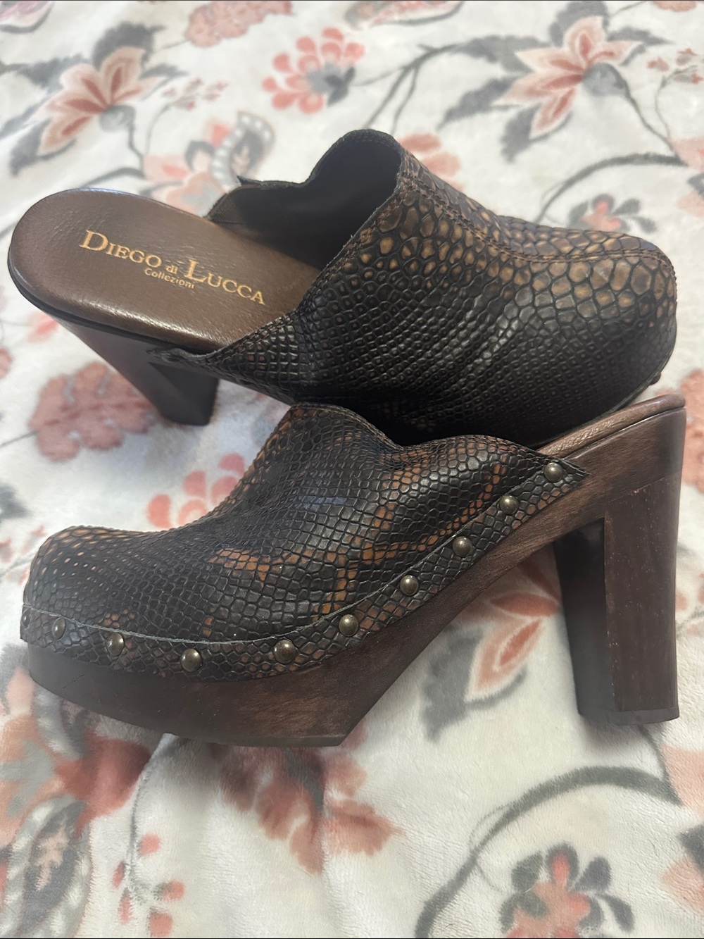 Diego di Lucca Brown Snakeskin-Print Platform Clog Mules with Stud Trim